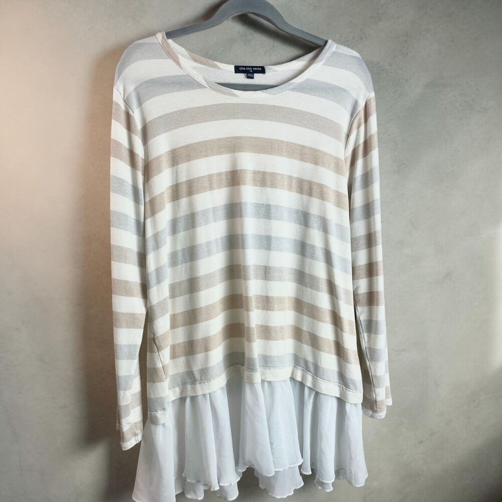 Cha Cha Vente Womens 1X Plus Metallic Shimmer Stripe Long Sleeve Tunic Ruffle